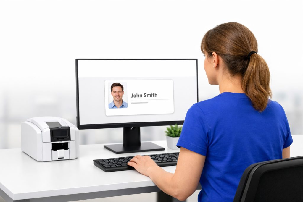 picture of a staff member designing a staff id card for an employee